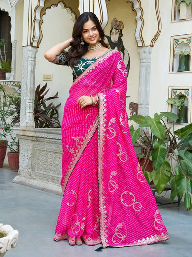 Elegant Pink Georgette Gotta Patti Festival Wear Saree With Blouse - Ethnic Plus In