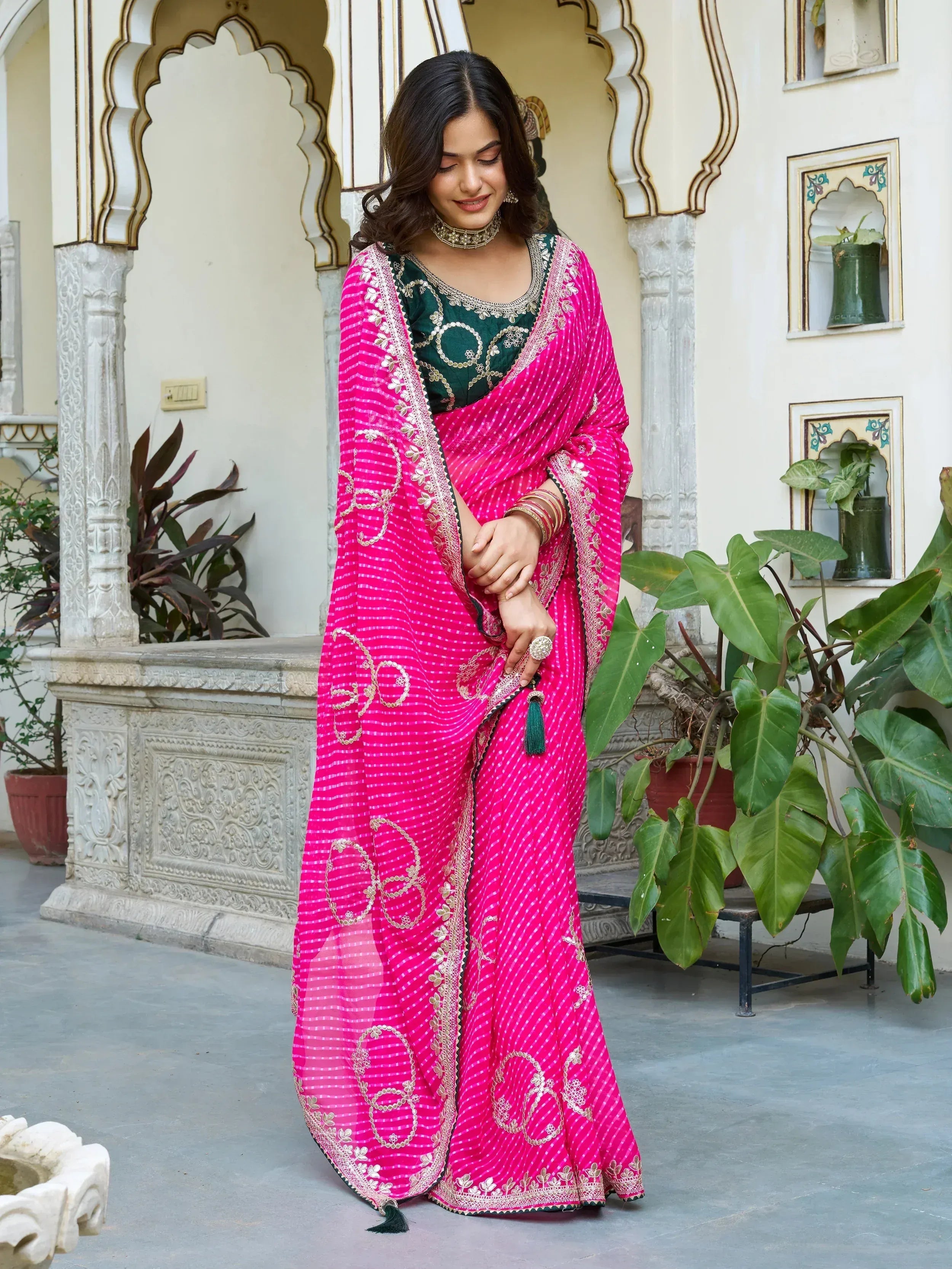 Elegant Pink Georgette Gotta Patti Festival Wear Saree With Blouse - Ethnic Plus In