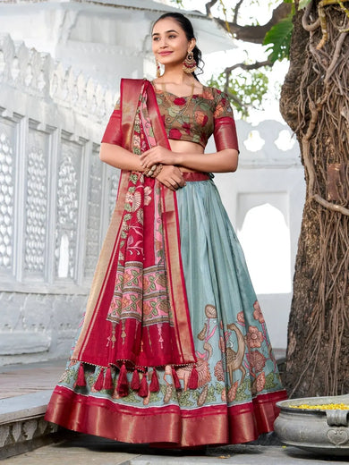 Elegant Sea Green Kalamkari Printed Dola Silk Festive Wear Lehenga Choli - Ethnic Plus In