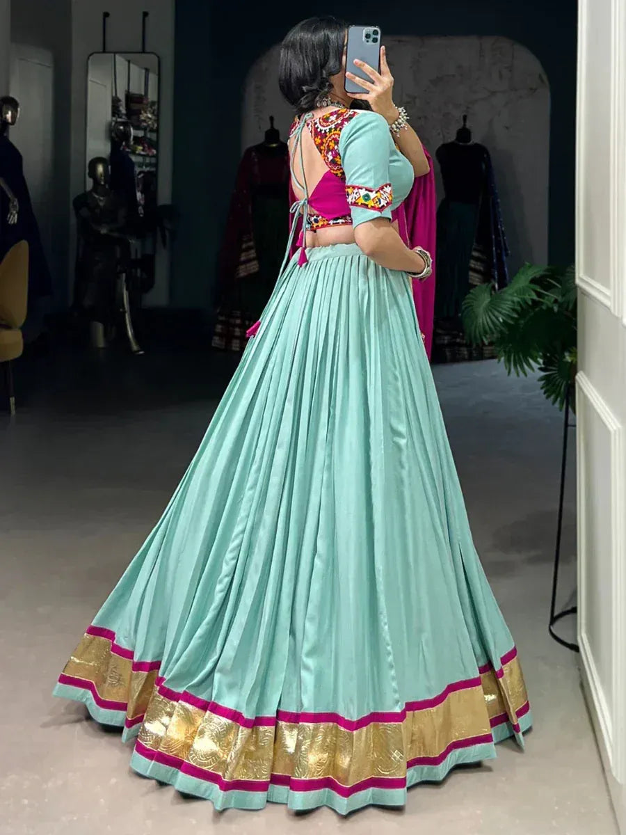 Mint green lehenga with pink and gold border, embroidered blouse, Indian ethnic wear
