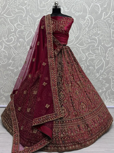 Embrace Hot Pink Dori Work Velvet Bridal Lehenga With Double Dupatta - Ethnic Plus In