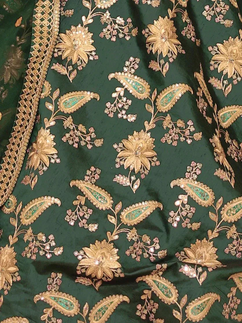 Emerald green lehenga with gold floral and paisley embroidery, perfect for Indian ethnic wear.