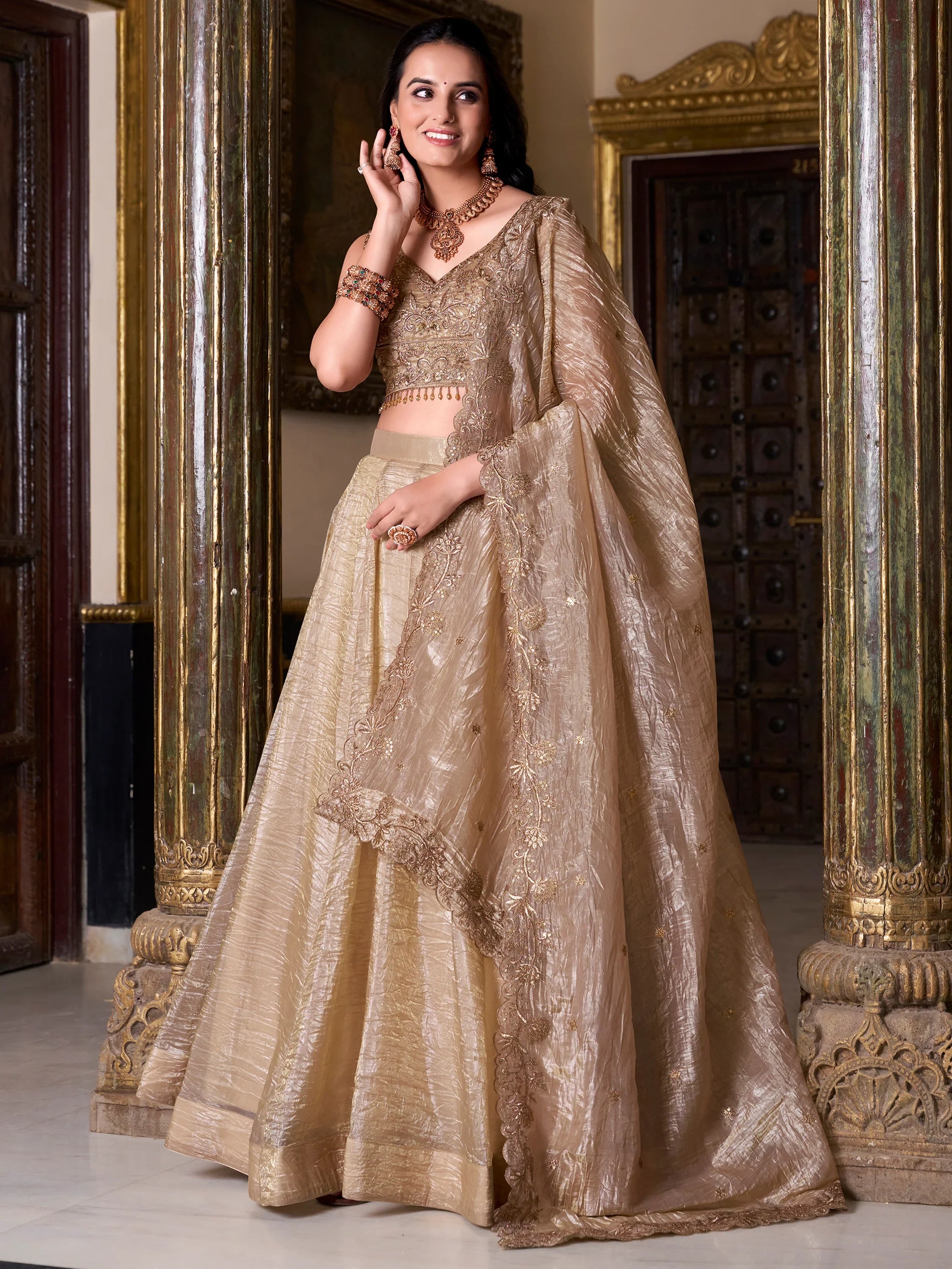 Enchanting Golden Sequins Organza Wedding Lehenga Choli With Dupatta - Ethnic Plus In