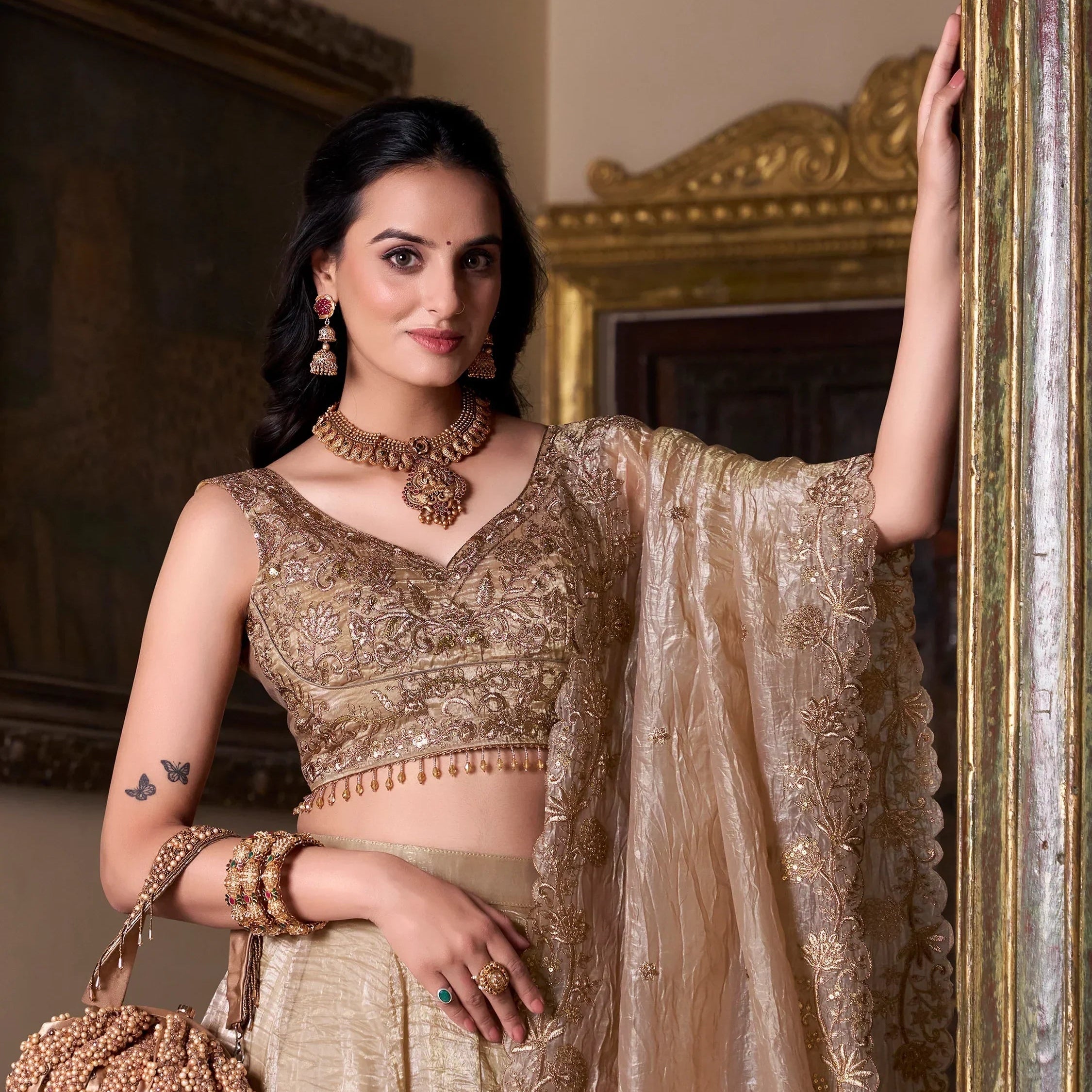 Enchanting Golden Sequins Organza Wedding Lehenga Choli With Dupatta - Ethnic Plus In