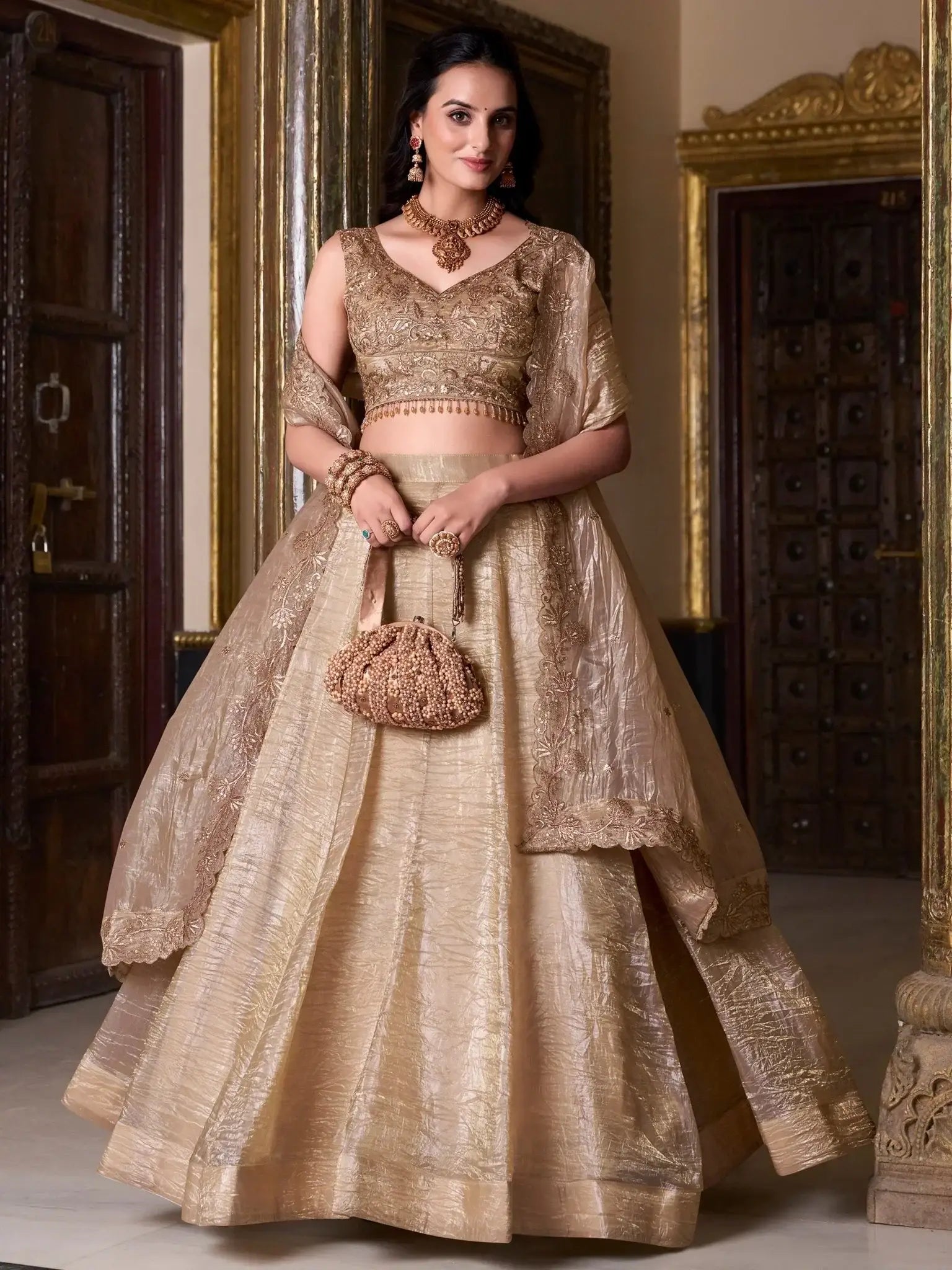 Enchanting Golden Sequins Organza Wedding Lehenga Choli With Dupatta - Ethnic Plus In