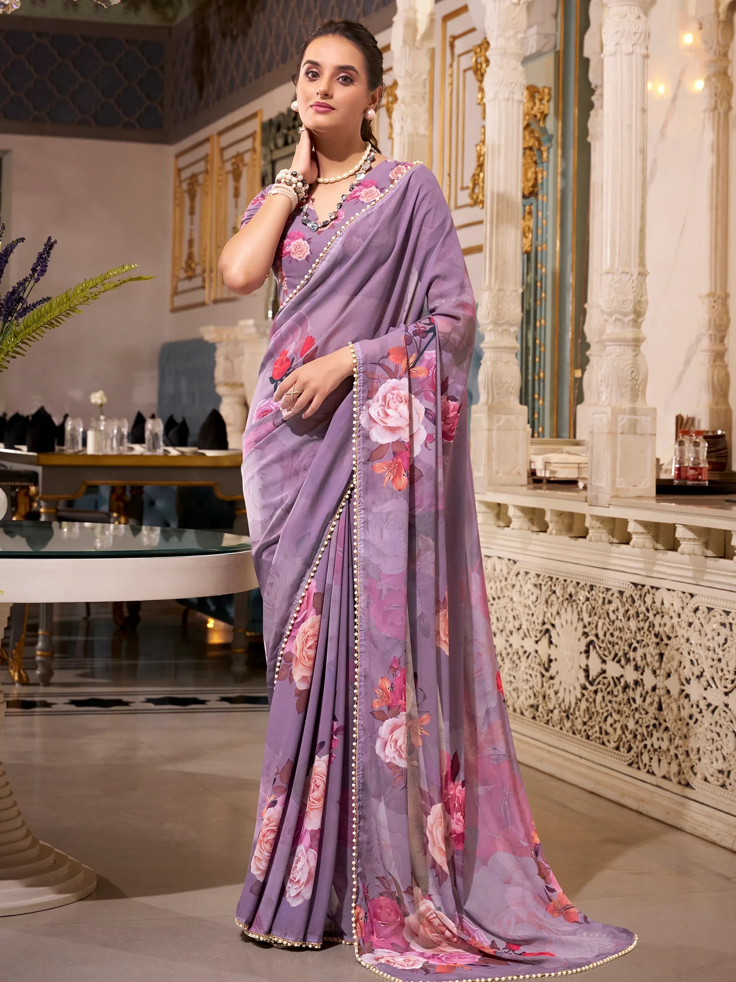 Enchanting Purple Floral Printed Georgette Saree With Blouse - Ethnic Plus In