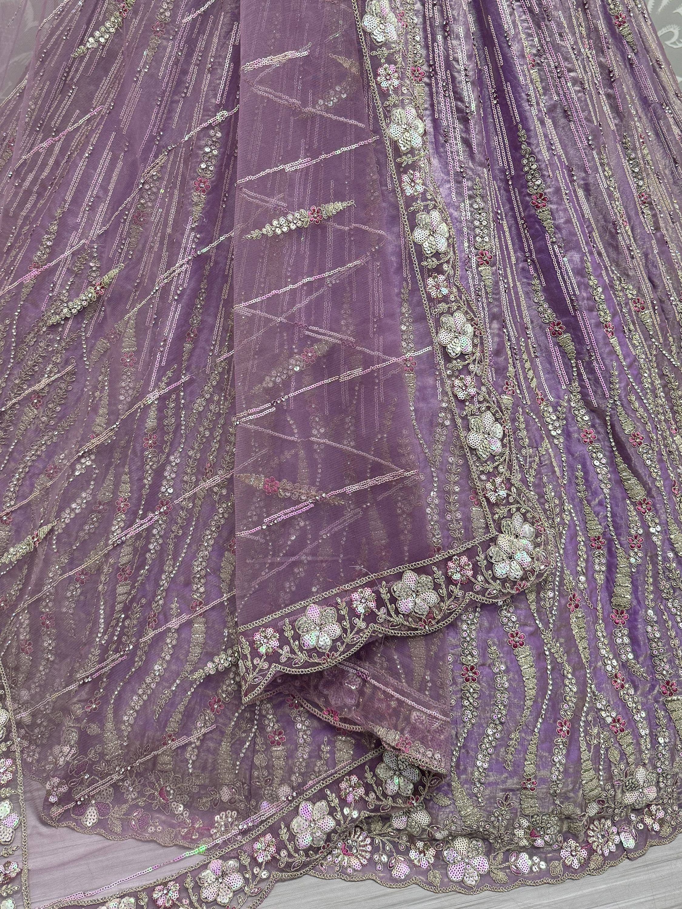 Purple designer lehenga with floral sequin embroidery and sheer net overlay