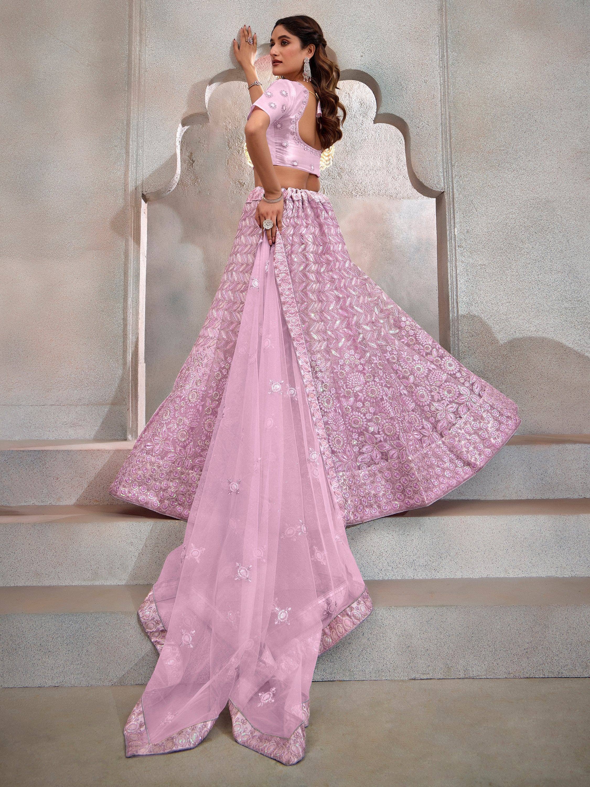Pink embroidered lehenga choli with sheer dupatta, Indian ethnic wear for weddings and parties