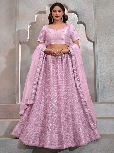 Enchanting Lavender Thread Embroidered Net Bridesmaid Lehenga Choli - Ethnic Plus In