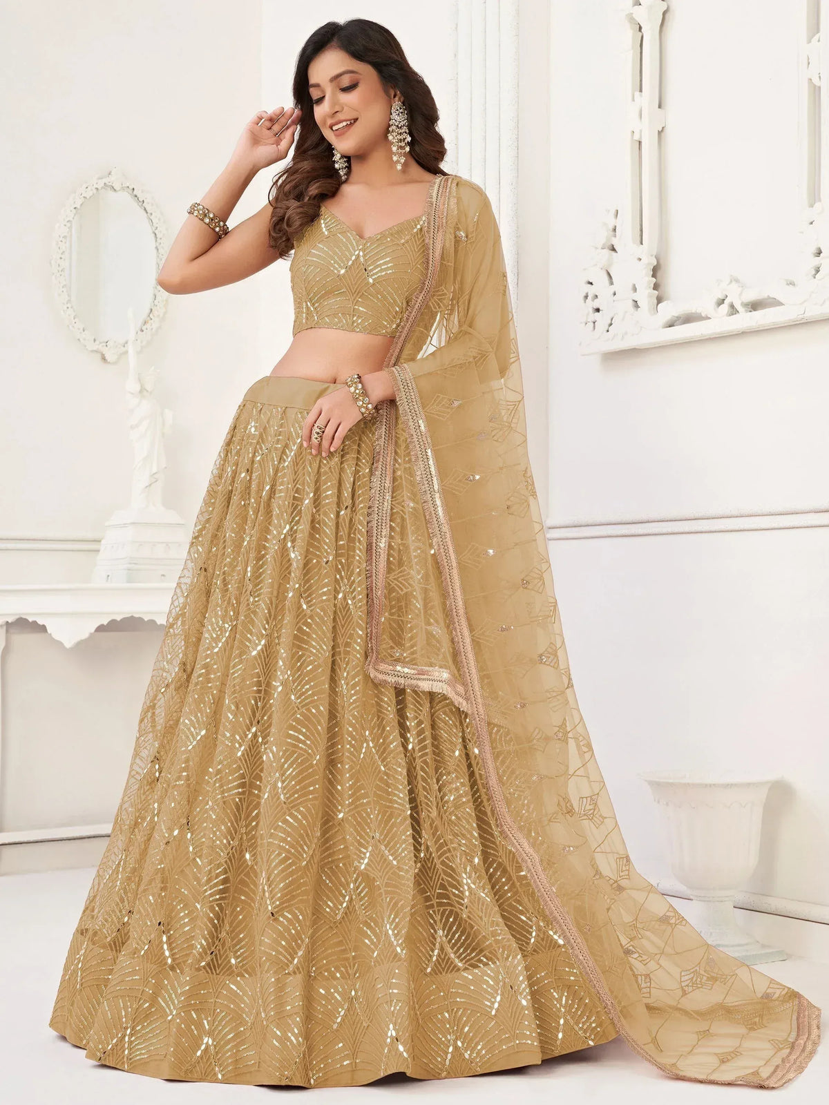 Golden sequin lehenga choli with sheer dupatta, Indian ethnic wear for weddings and parties