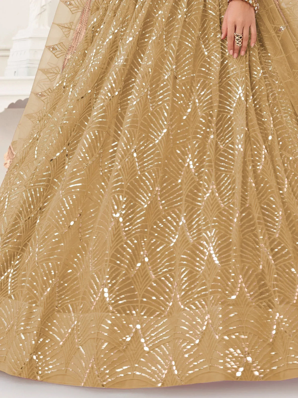 Gold sequin lehenga with leaf embroidery, Indian ethnic wear for weddings