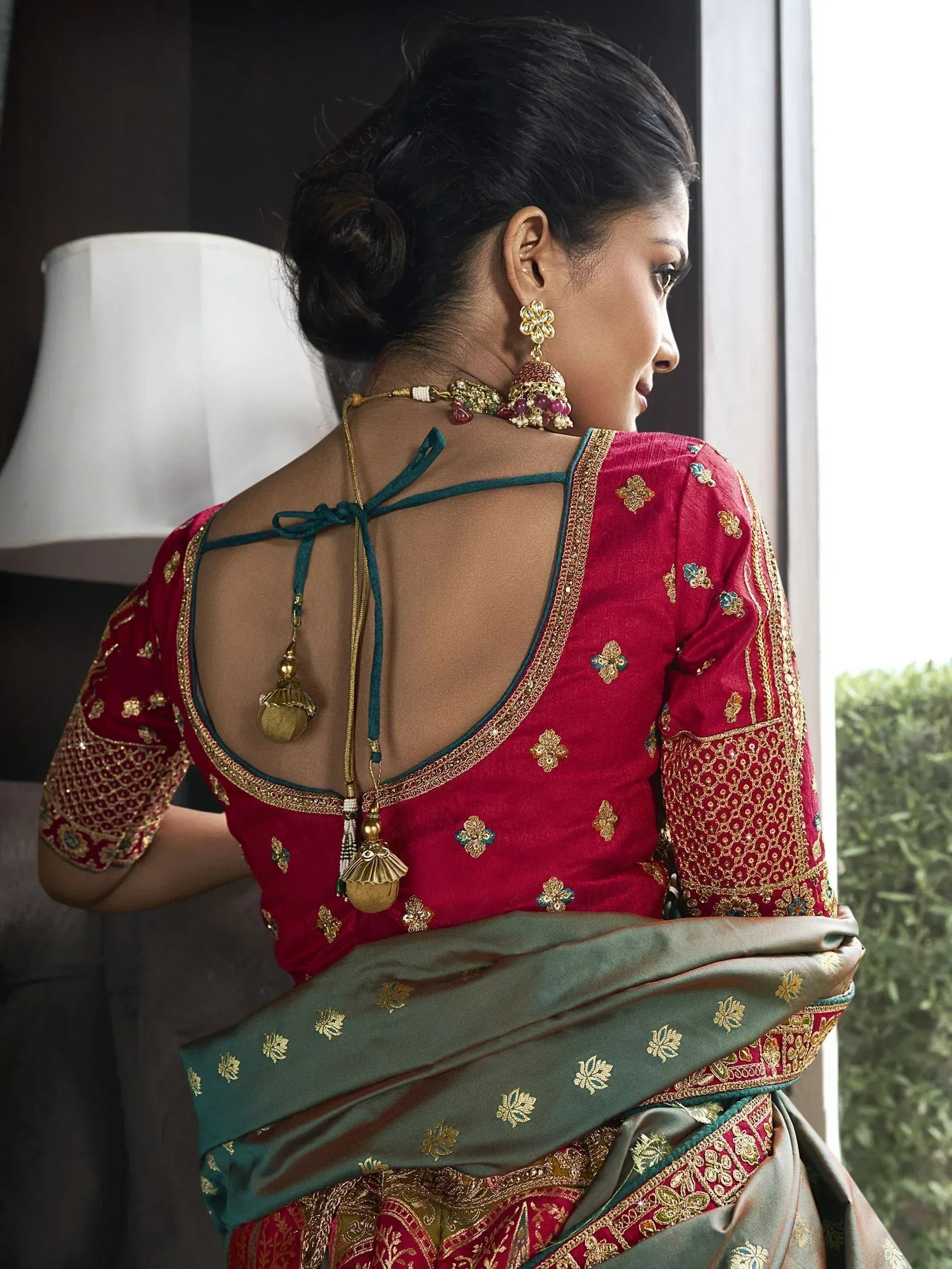 Red and green designer saree with gold embroidery and back tie blouse, perfect for Indian ethnic wear