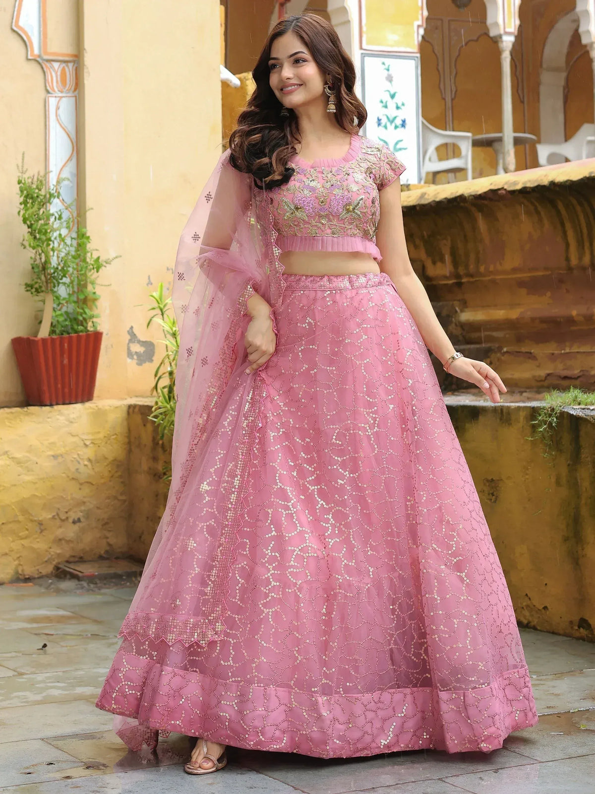 Pink embroidered lehenga choli with sequin work, perfect for Indian ethnic occasions