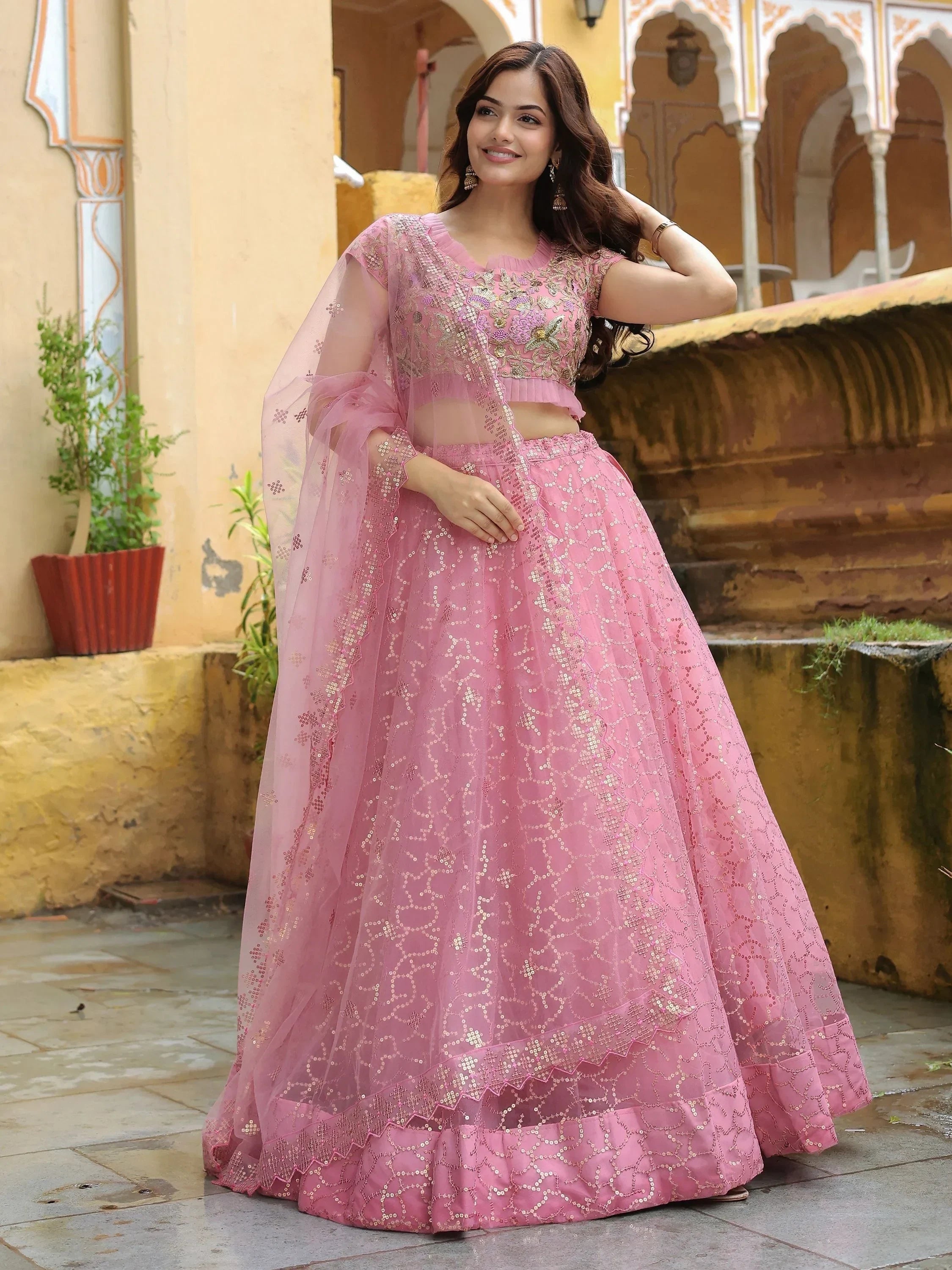 Pink embroidered lehenga choli with sequin work, perfect for Indian ethnic occasions