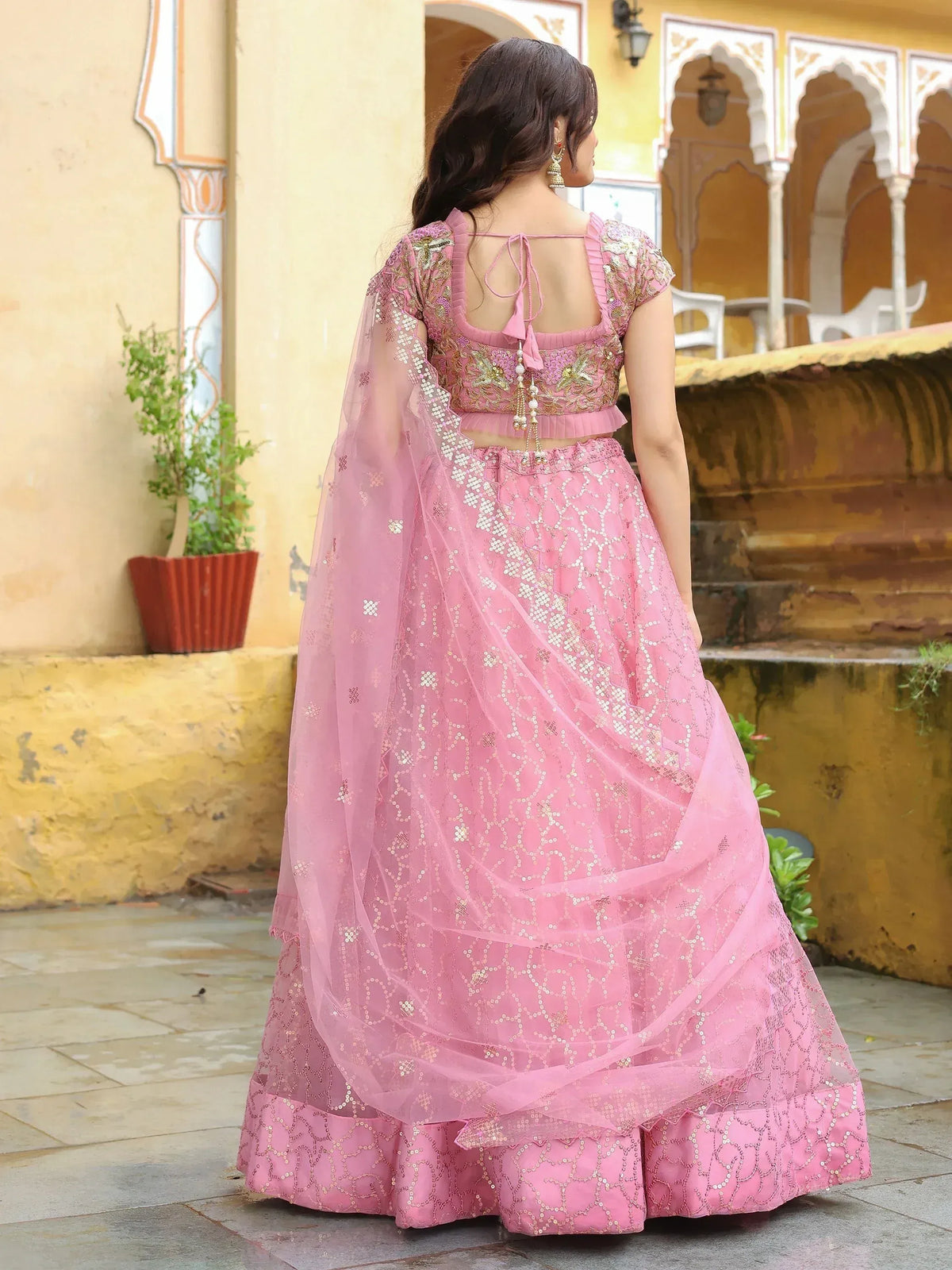 Pink embroidered lehenga choli with sequin dupatta, Indian ethnic wear for weddings and festivals