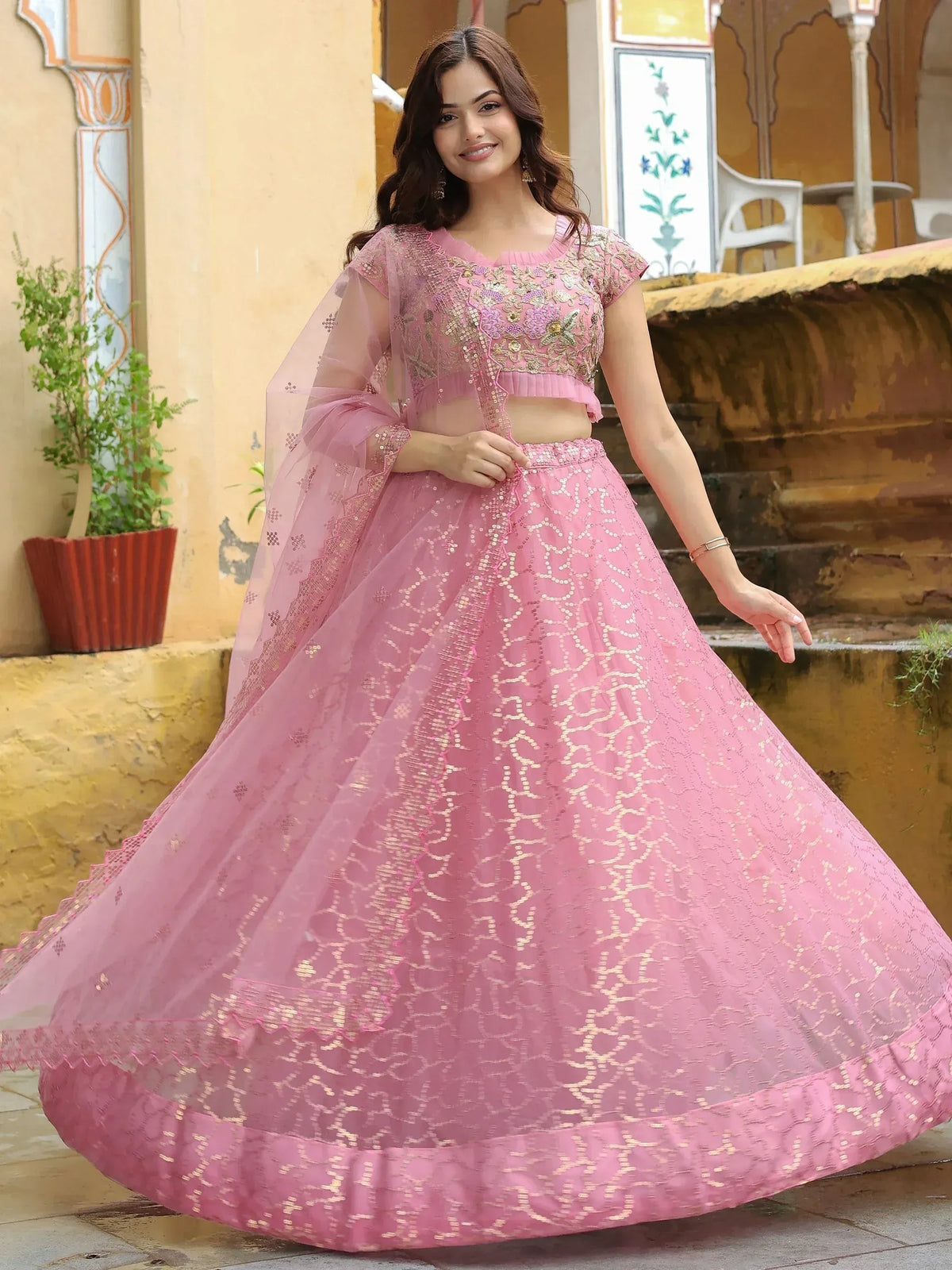 Pink embroidered lehenga choli with sheer dupatta, Indian ethnic wear for weddings and festivals