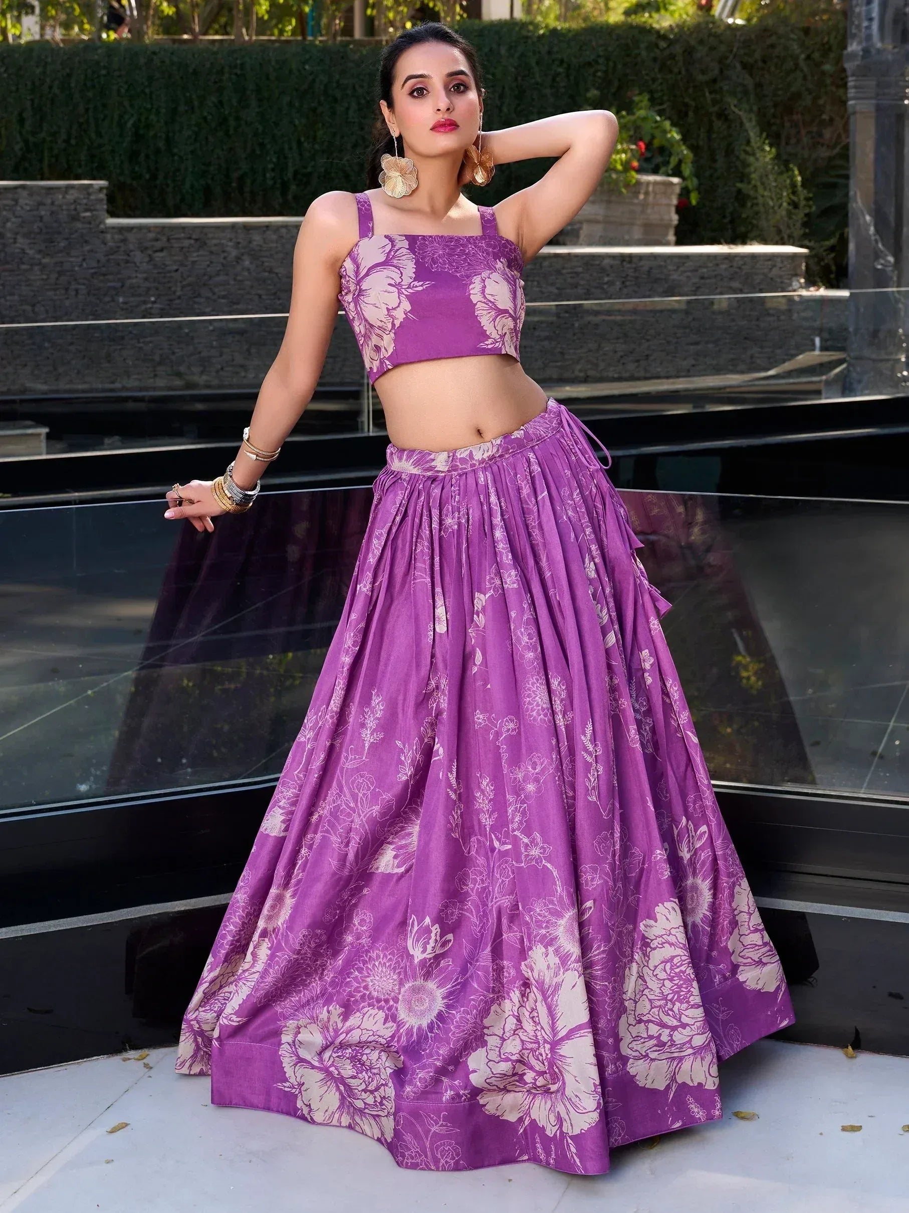 Purple floral print lehenga choli with crop top, perfect for Indian ethnic wear events