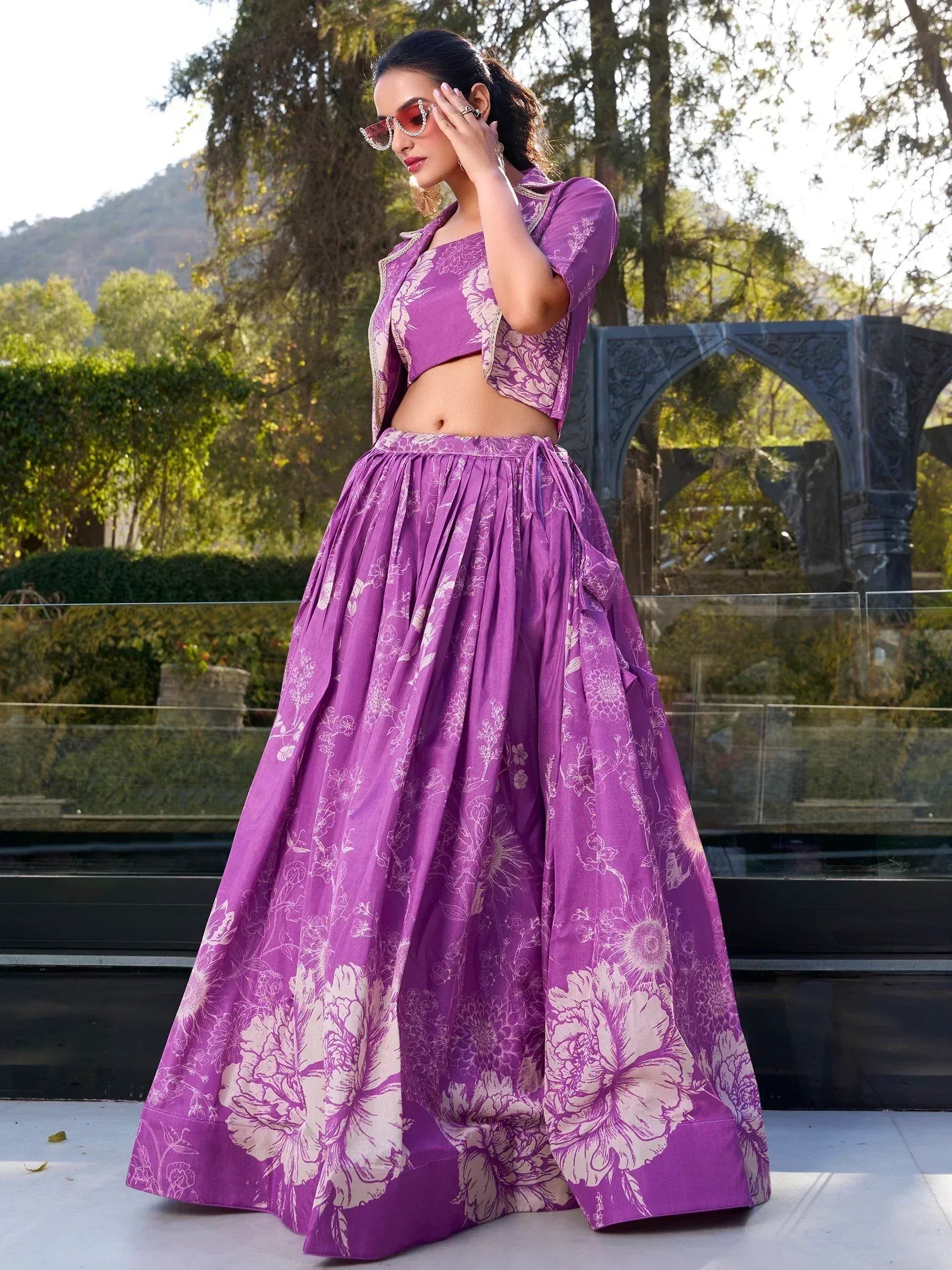 Purple floral print lehenga choli with crop top and jacket, perfect for Indian ethnic wear occasions
