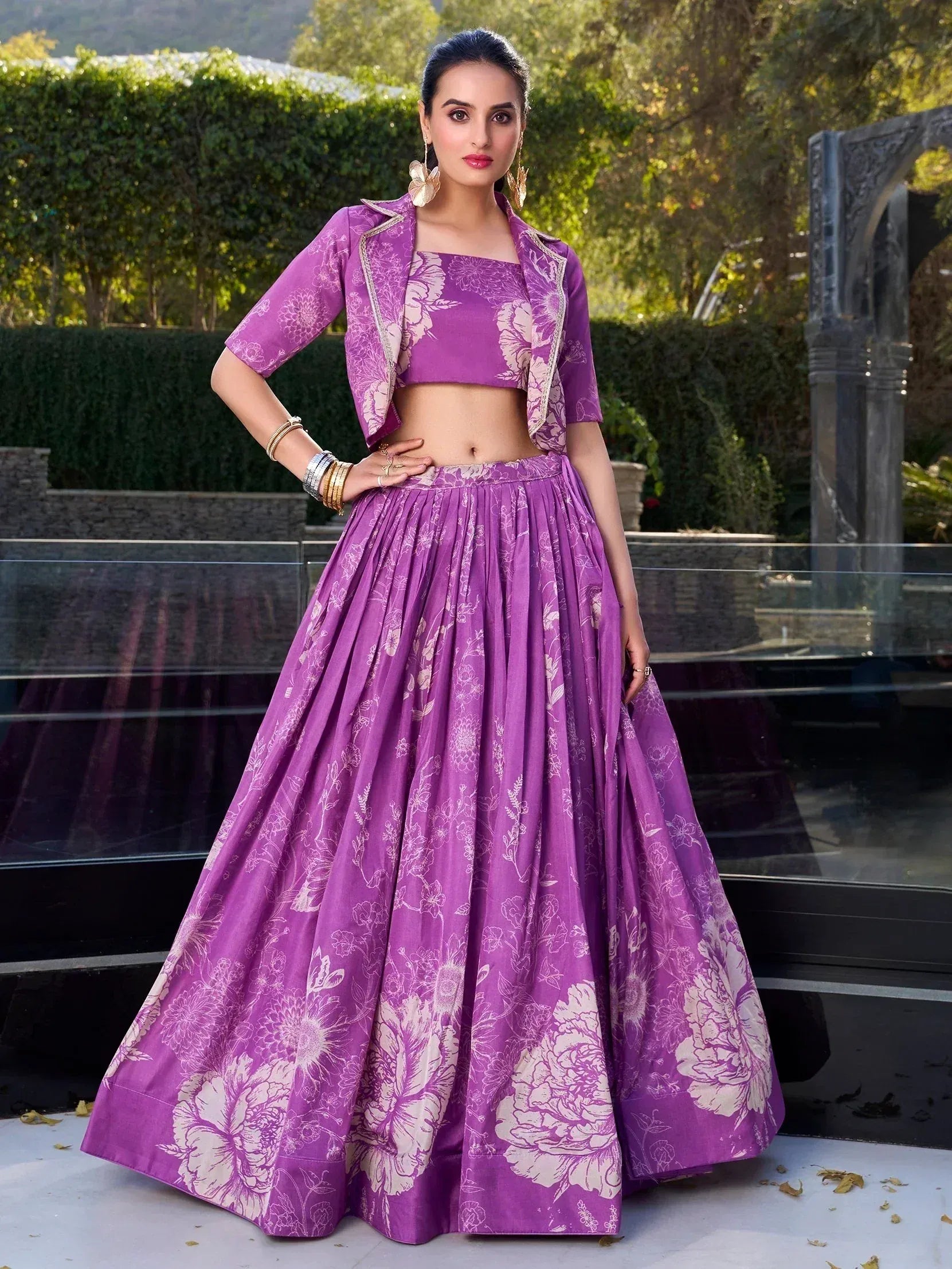 Purple floral lehenga choli with matching jacket, perfect for ethnic occasions