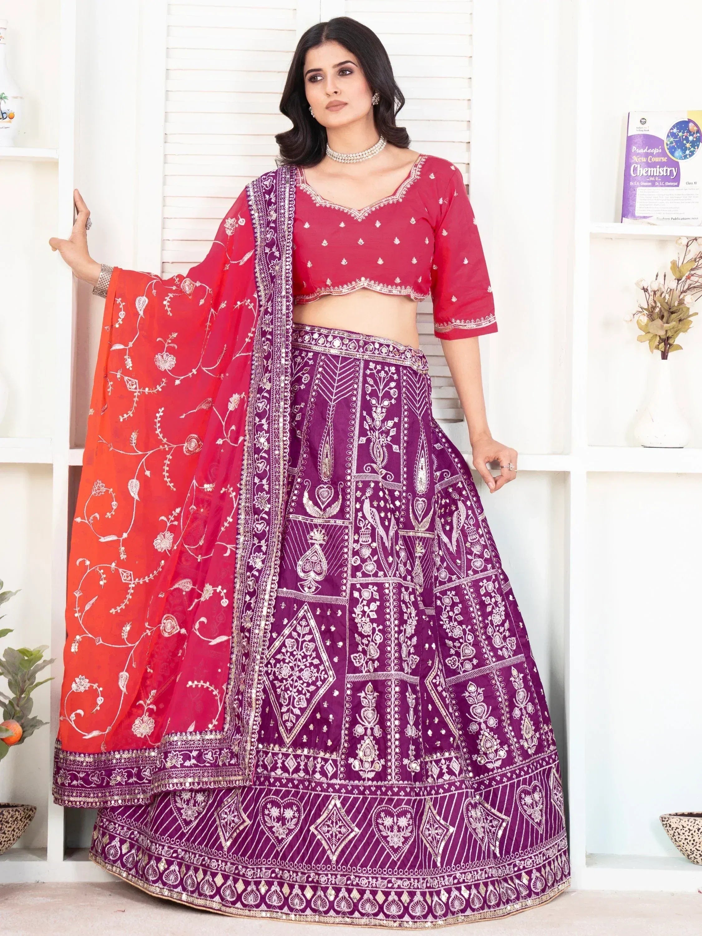 Purple and red embroidered lehenga choli with floral dupatta, Indian ethnic wear for women