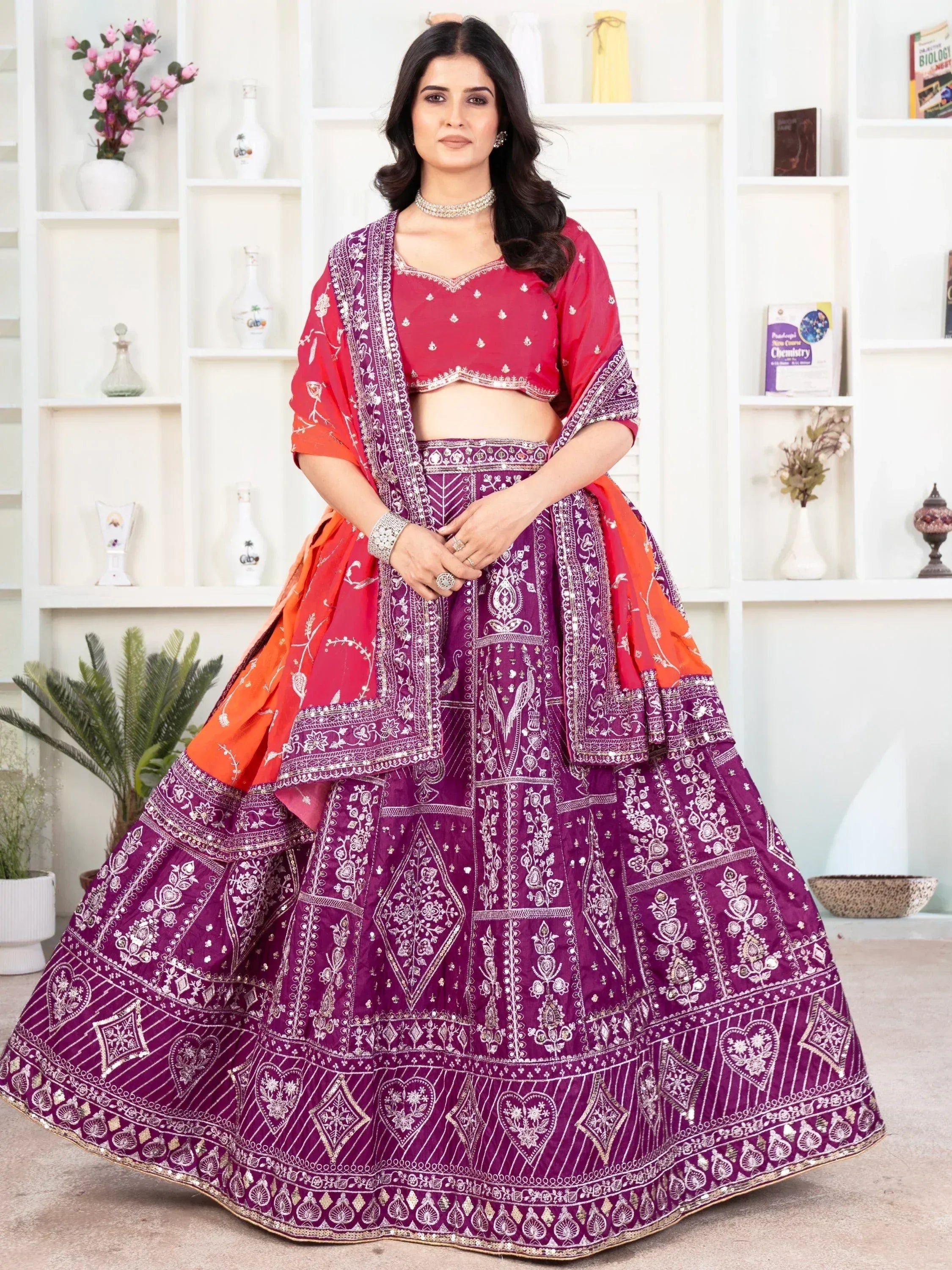 Purple and red embroidered lehenga choli with dupatta, Indian ethnic wear for women