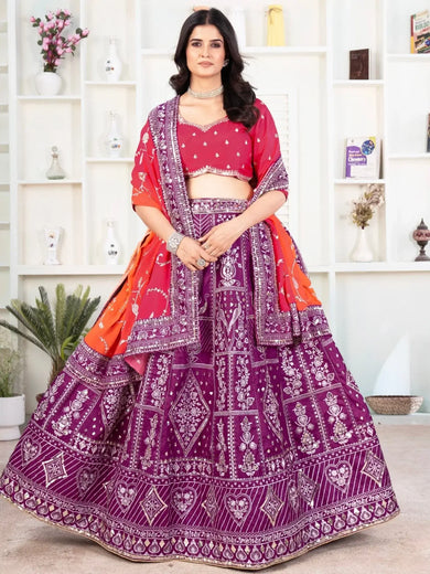Enchanting Purple Sequins Silk Traditional Lehenga With Red Choli - Ethnic Plus In