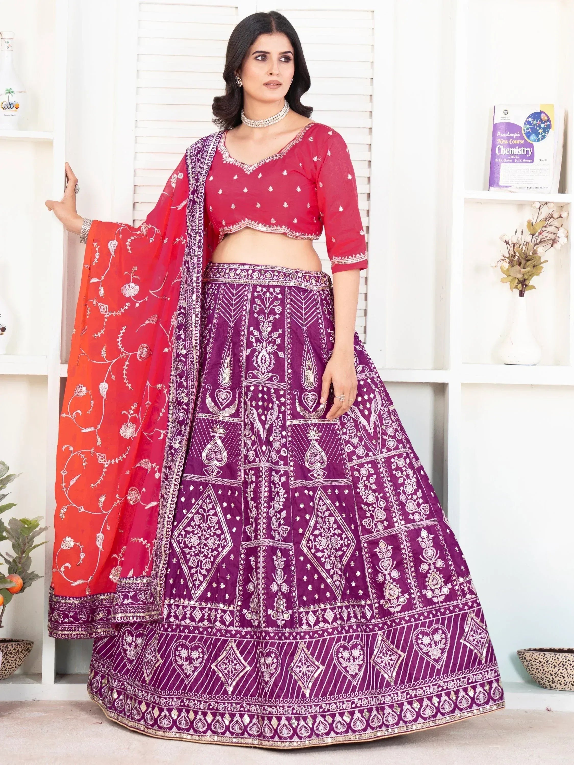 Purple and red embroidered lehenga choli with floral dupatta, Indian ethnic wear for women