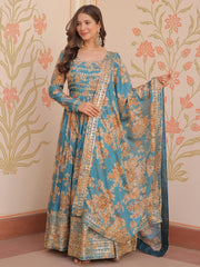 Enchanting Sky Blue Digital Print Festive Wear Anarkali Gown - Ethnic Plus In