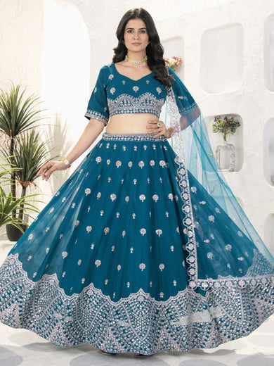 Enchanting Teal Blue Sequins Georgette Bridesmaid Lehenga Choli - Ethnic Plus In