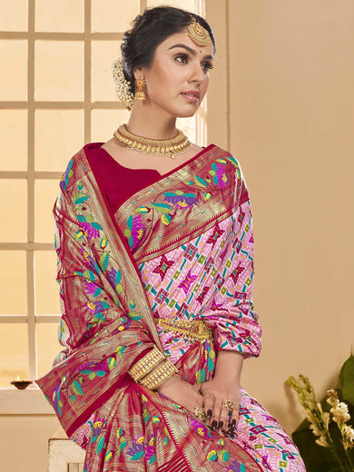 Enchanting Baby Pink Ikkat Printed Cotton Saree With Blouse