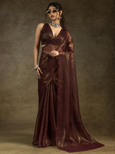 Enchanting Brown Chiffon Reception Wear Pre-Stitched Saree