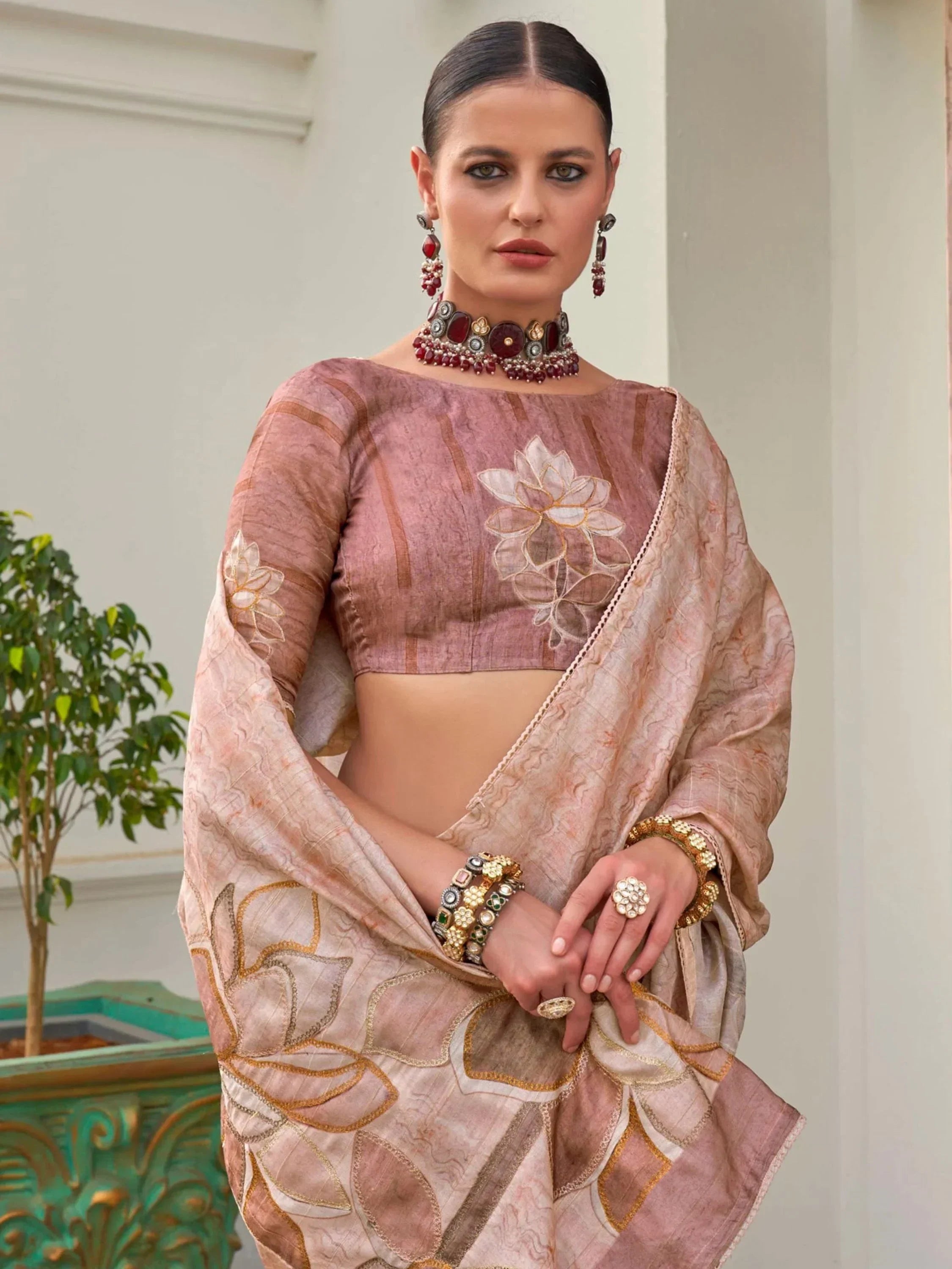 Majestic Dusty Pink Color Printed Silk Function Wear Saree With Blouse