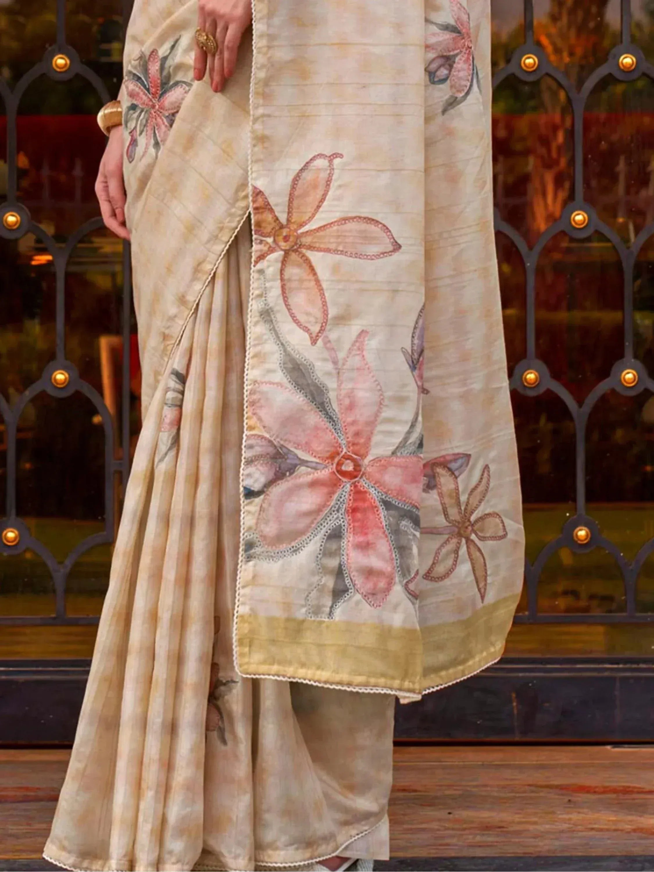 Olive green floral embroidered saree with matching blouse, ideal for Indian ethnic occasions