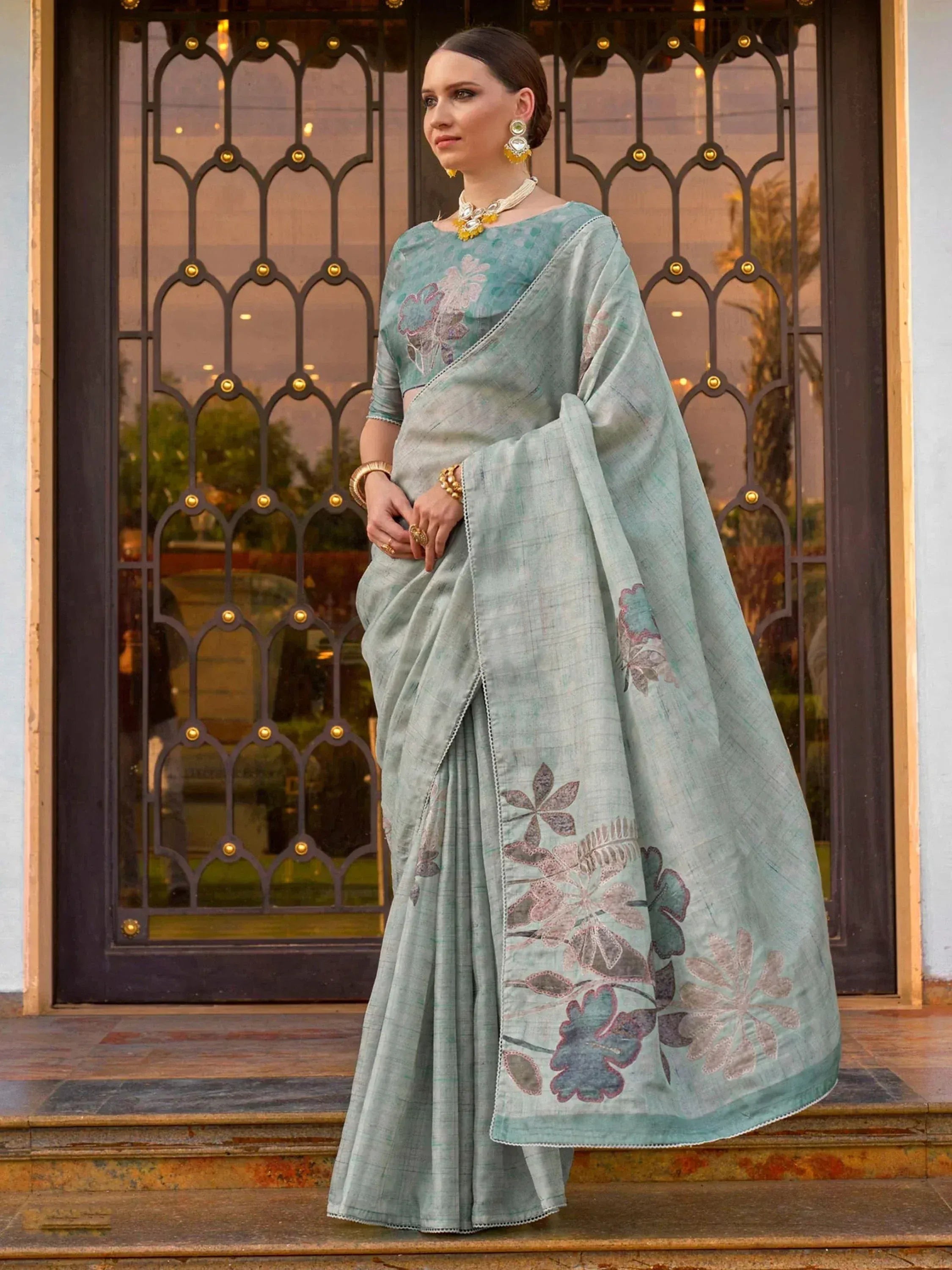 Mint green floral embroidered saree with matching blouse, Indian ethnic wear for women