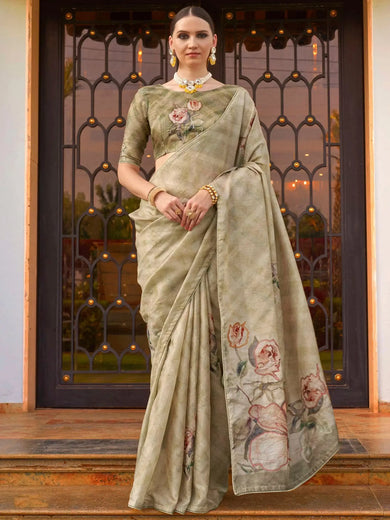 Beautiful Olive Green Color Printed Silk Festival Wear Saree With Blouse