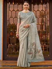 Gorgeous Grey Color Printed Silk Event Wear Saree With Blouse