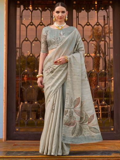 Gorgeous Grey Color Printed Silk Event Wear Saree With Blouse
