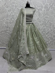 Excellent Pista Green Zari Embroidered Organza Designer Lehenga Choli - Ethnic Plus In