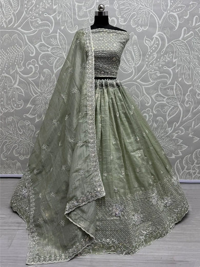 Excellent Pista Green Zari Embroidered Organza Designer Lehenga Choli - Ethnic Plus In