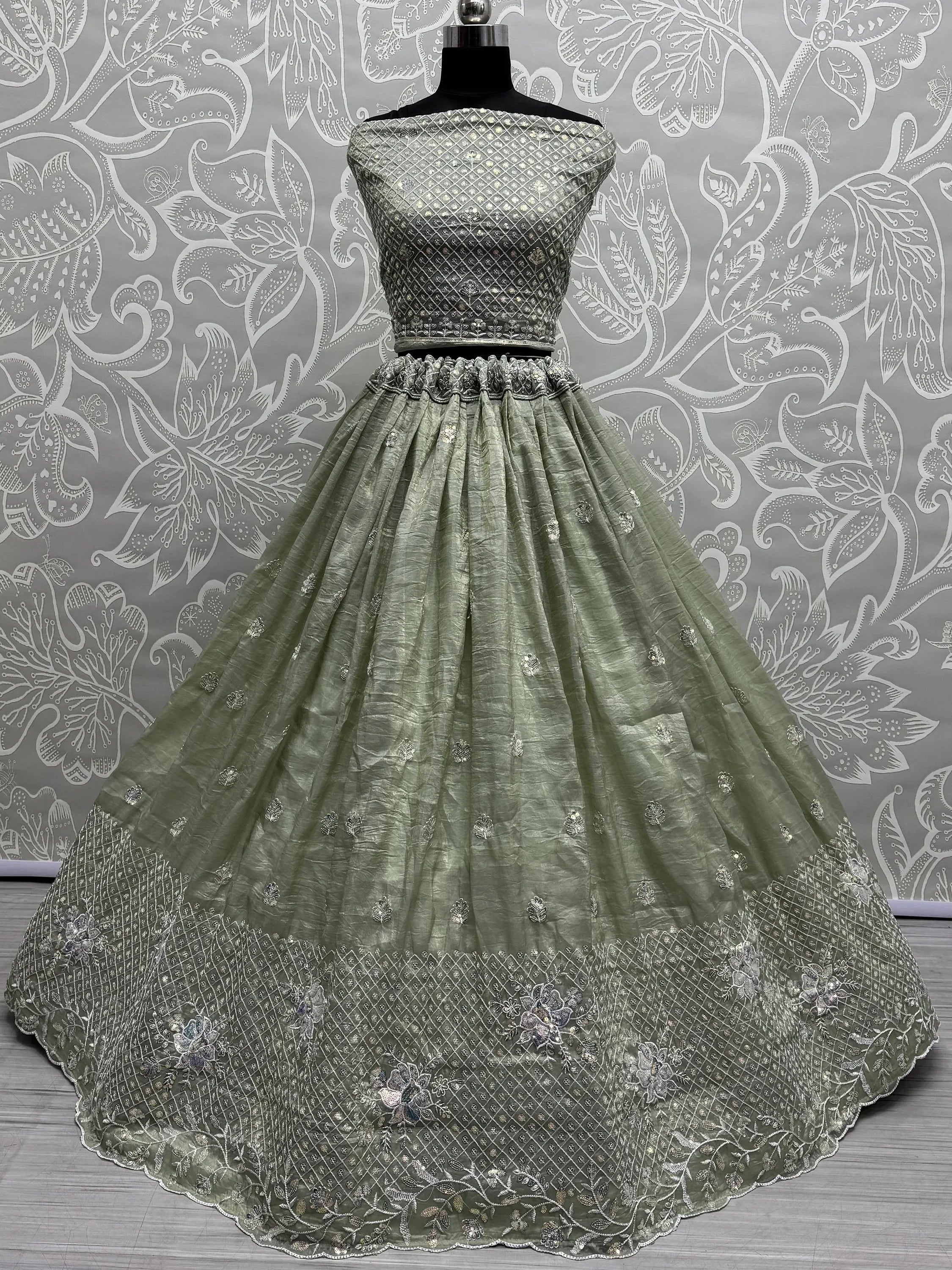 Excellent Pista Green Zari Embroidered Organza Designer Lehenga Choli - Ethnic Plus In