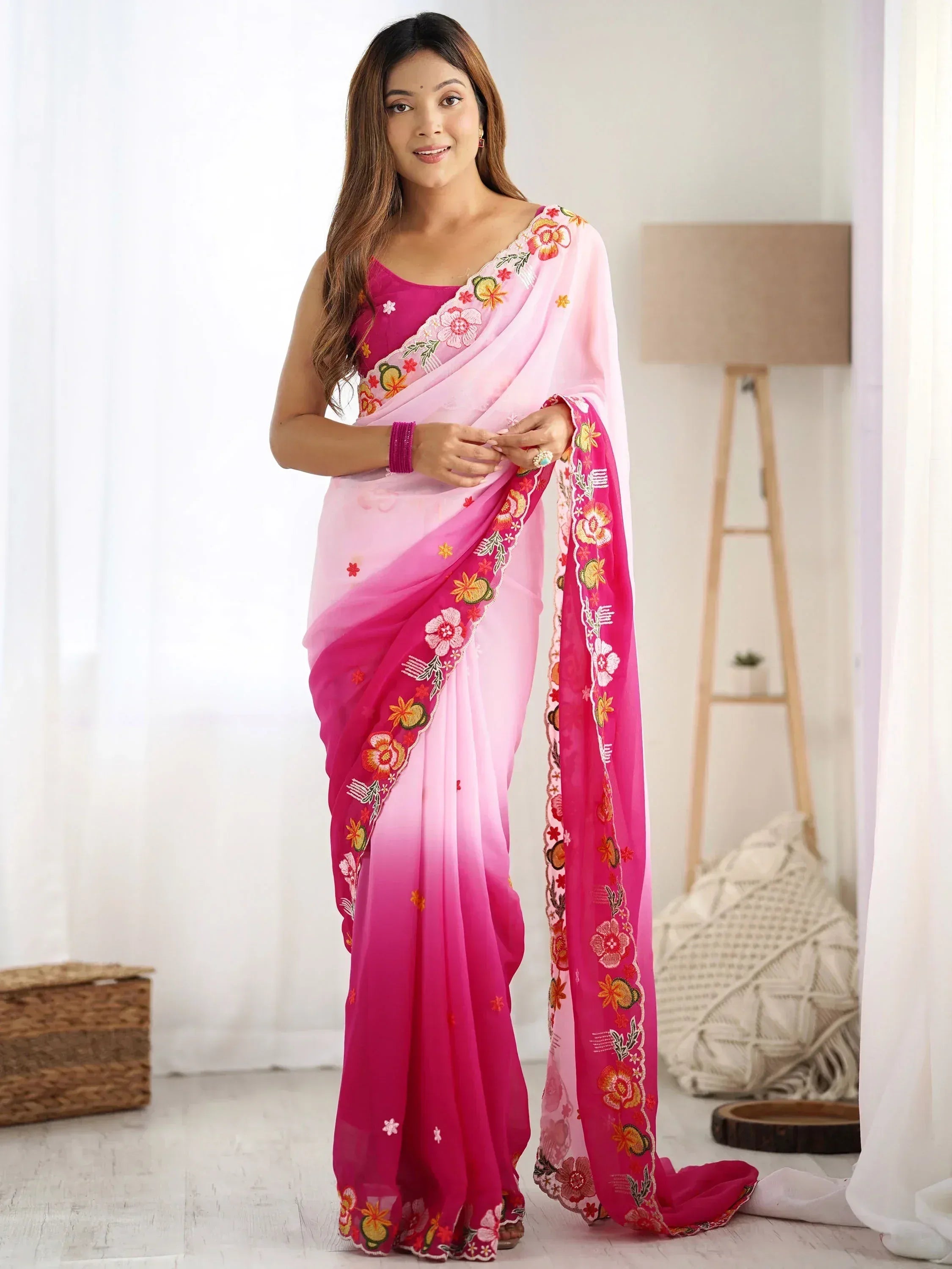 Pink ombre saree with floral embroidery, perfect for Indian ethnic wear occasions