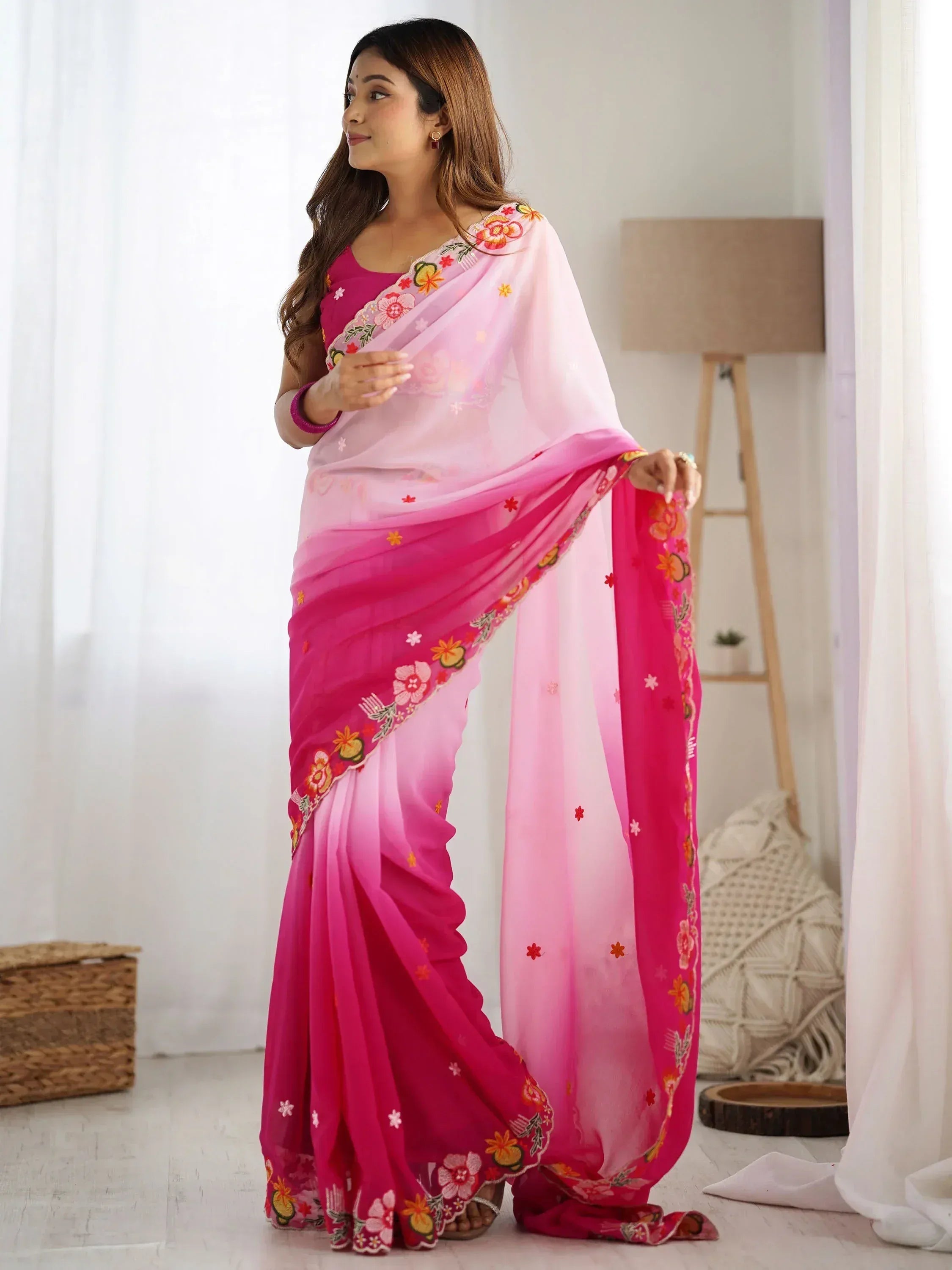 Pink ombre saree with floral embroidery, perfect for Indian ethnic wear occasions