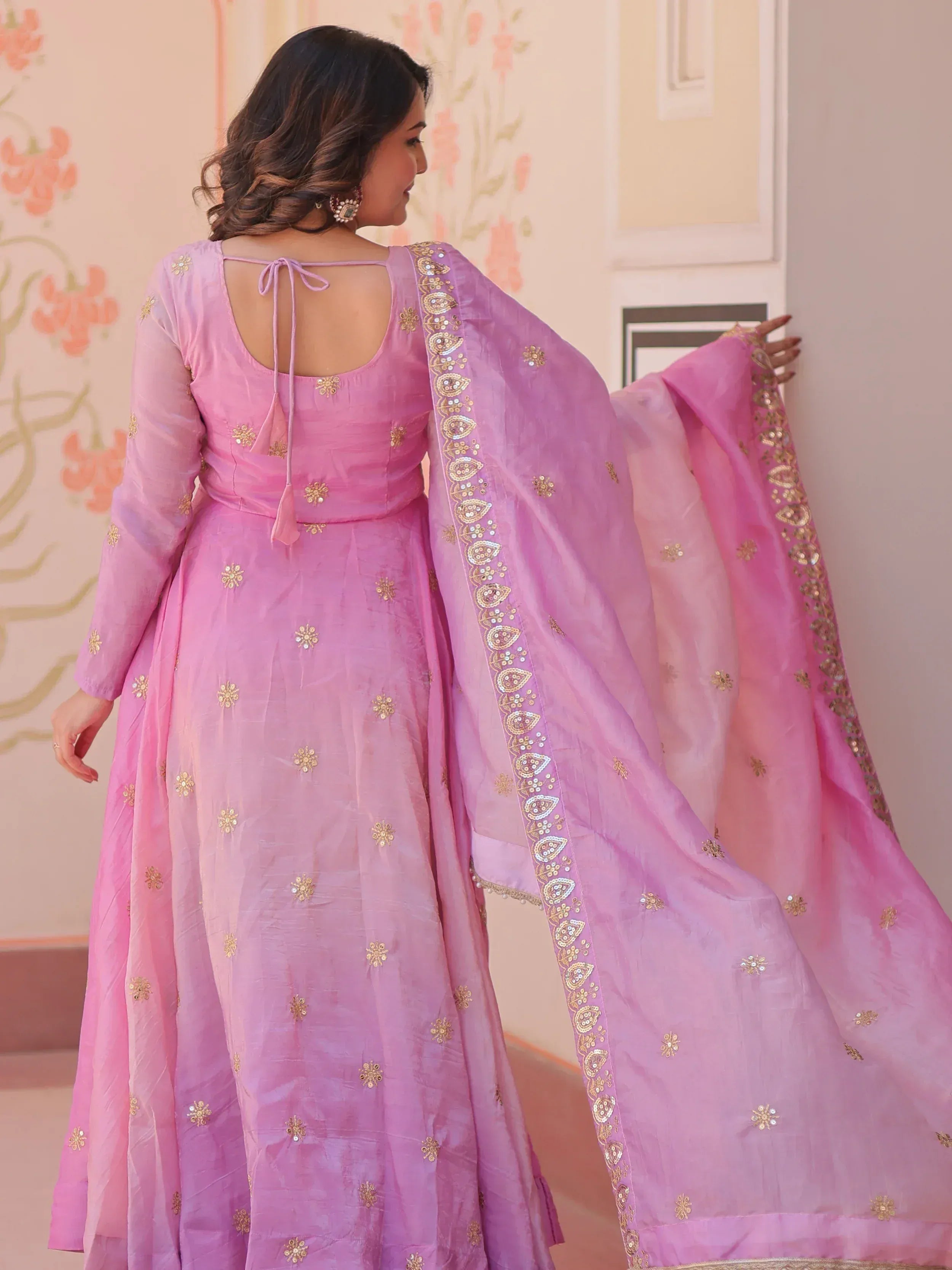 Pink embroidered anarkali suit with gold motifs and dupatta, Indian ethnic wear