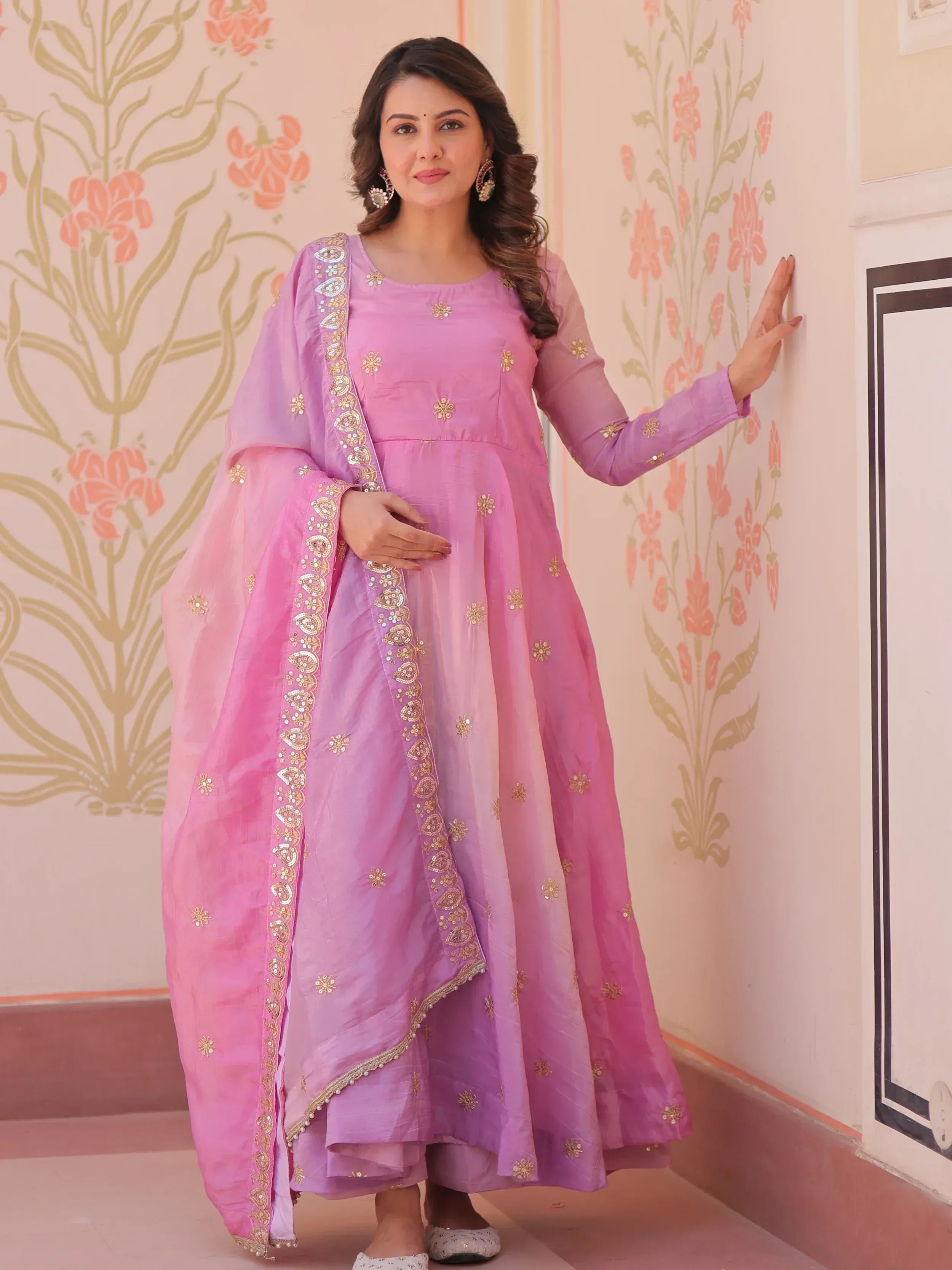 Pink embroidered anarkali suit with dupatta, Indian ethnic wear for women