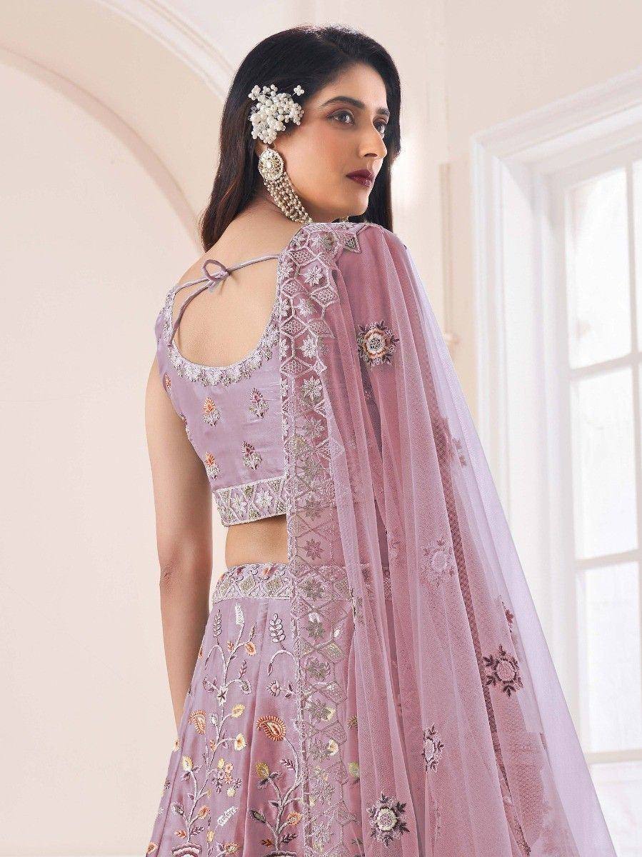 Lavender embroidered lehenga choli with sheer dupatta, floral motifs, and back tie blouse for Indian ethnic wear