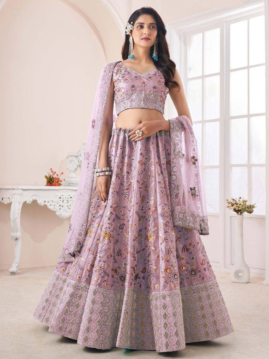 Pink floral embroidered lehenga choli with dupatta, Indian ethnic wear for weddings and parties