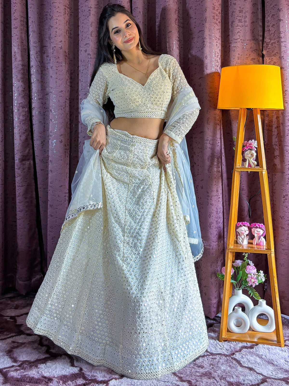 White mirror work lehenga choli with sheer dupatta, ethnic Indian wear for women
