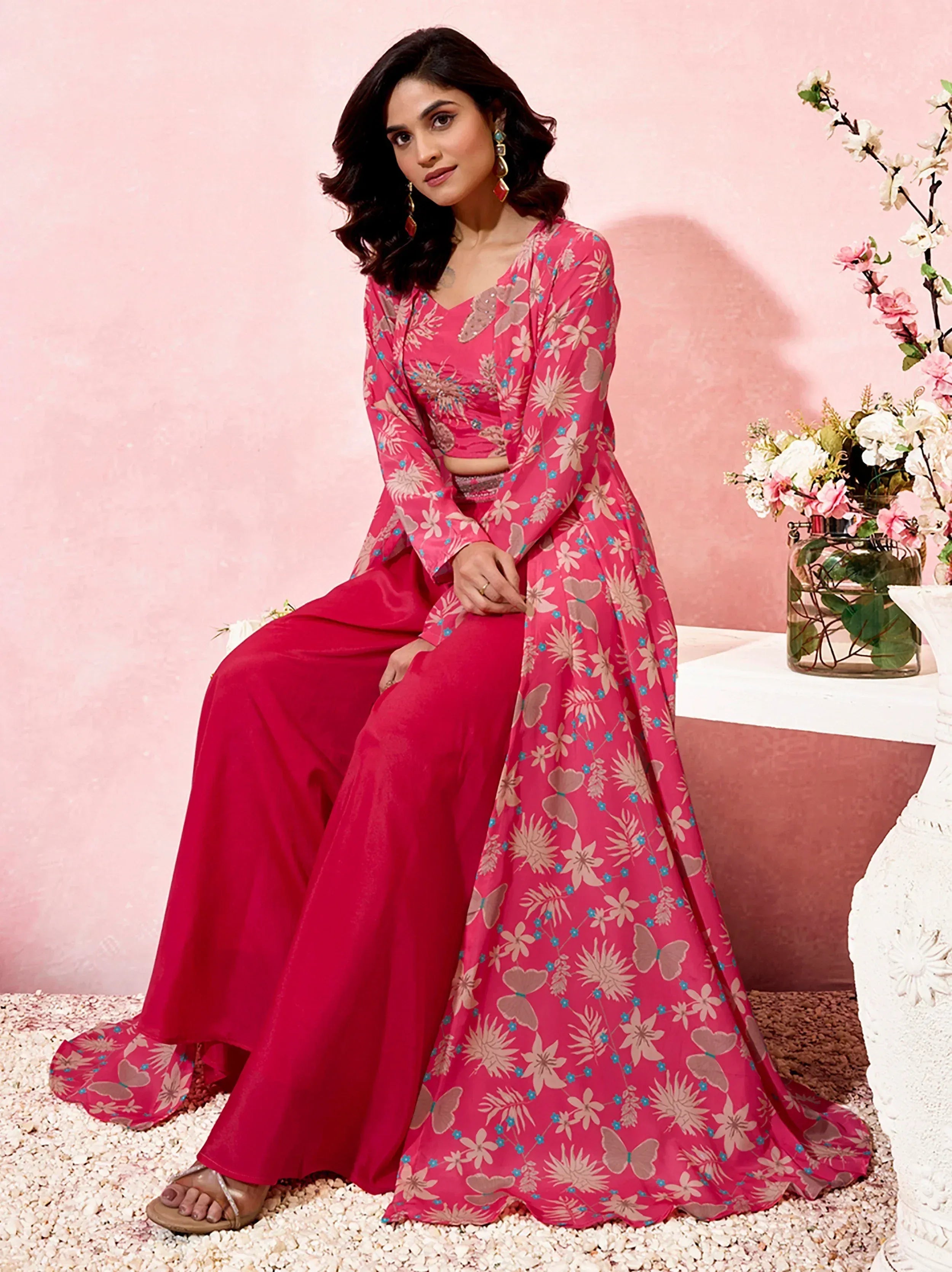 Pink floral print anarkali with red palazzo, Indian ethnic wear for women