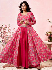 Eye - Catching Pink Floral Print Party Wear Crop Top Palazzo With Shrug - Ethnic Plus In