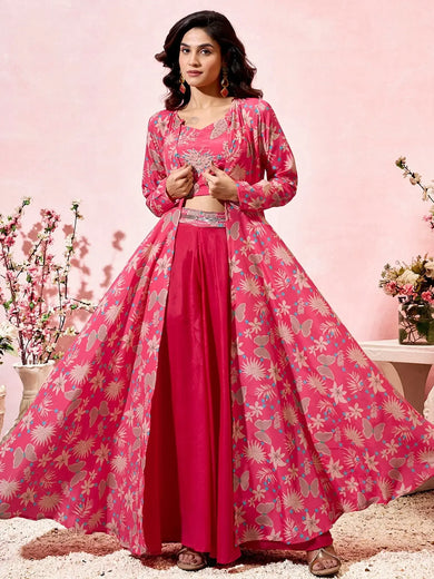 Eye - Catching Pink Floral Print Party Wear Crop Top Palazzo With Shrug - Ethnic Plus In